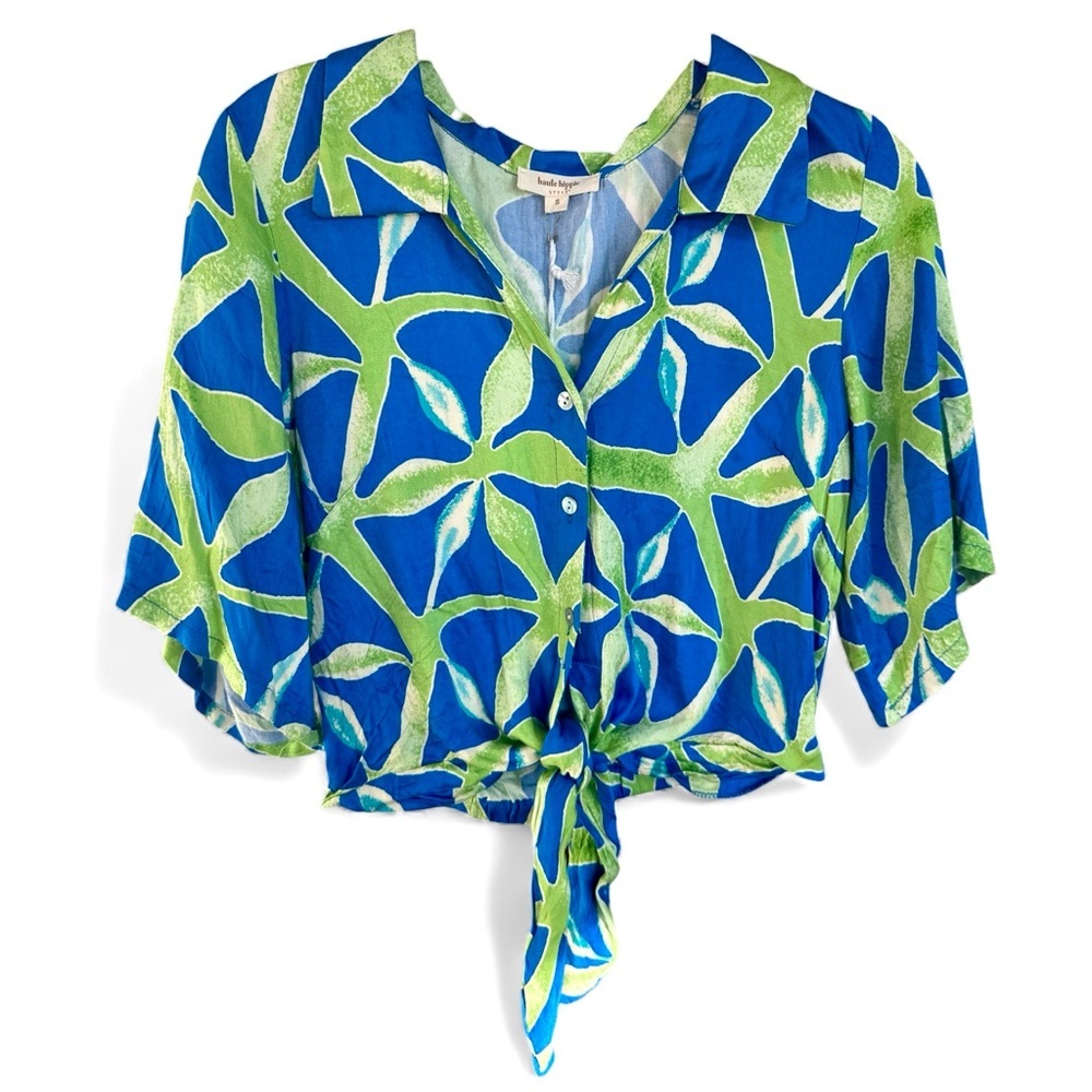 Haute Hippie Blue Green Tropical Print Tie Front Button Up Blouse S